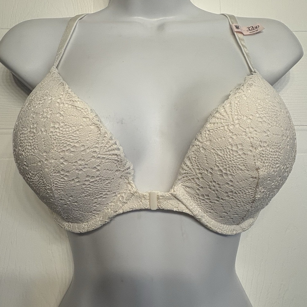 Victoria Secret Push‎ Up Padded Lace Underwire Front Close Bra Sz 32DD Ivory NEW